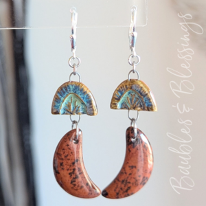Mahogany Obsidian Moon & Ceramic Earrings