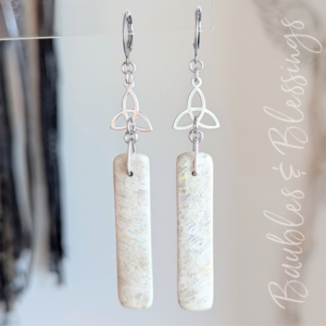 Fossil Agate Bar Earrings with Triquetra Charms