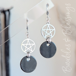 Pentagram Earrings with Black Agate Charms
