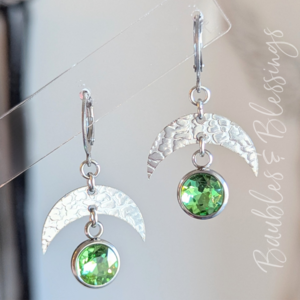 Crescent Moon Earrings with Lime Green Crystals