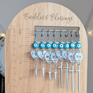Evil Eye Earrings with Pastel Confetti Skulls & Swords