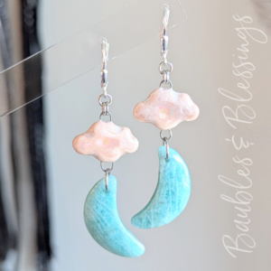 Amazonite Crescent Moon & Ceramic Cloud Earrings