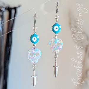 Evil Eye Earrings with Pastel Confetti Skulls & Daggers