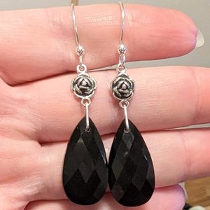 Sterling Silver Rose Earrings with Obsidian