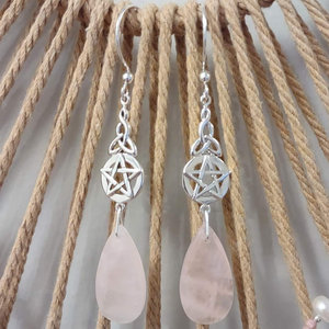 Silver Triquetra & Pentagram Earrings with Rose Quartz