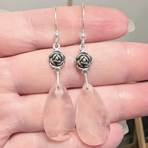 Sterling Silver Rose Earrings with Rose Quartz