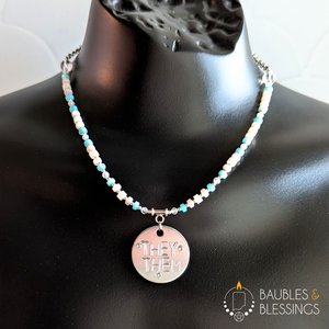 Trans Flag Shell Necklace with Custom Stamped Pendant