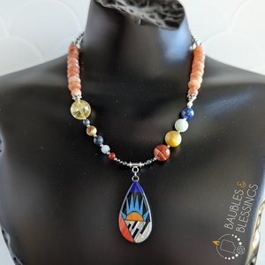 Solar System Necklace with Chunky Sunstone & Mother of Pearl Pendant