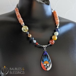 Solar System Necklace with Chunky Sunstone & Mother of Pearl Pendant