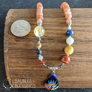 Solar System Necklace with Chunky Sunstone & Mother of Pearl Pendant