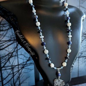 Sugar Skull Necklace with Moonstone & Blue Gemstones