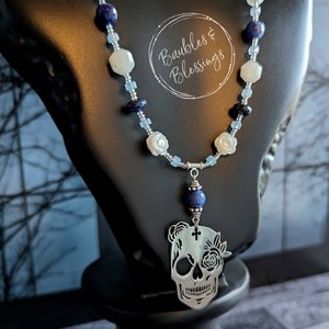 Sugar Skull Necklace with Moonstone & Blue Gemstones