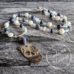 Sugar Skull Necklace with Moonstone & Blue Gemstones