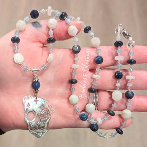Sugar Skull Necklace with Moonstone & Blue Gemstones