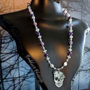Sugar Skull Necklace with Moonstone & Purple Gemstones