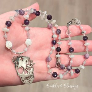 Sugar Skull Necklace with Moonstone & Purple Gemstones