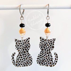 Acrylic Kitty Cat Earrings with Czech Glass & Onyx