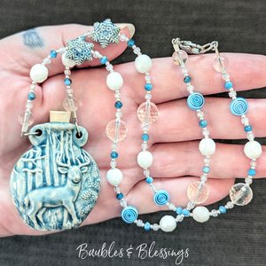 Deer Raku Bottle Necklace with Czech Glass & Quartz