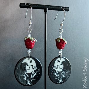Witch Moon Earrings with Lampwork Strawberries