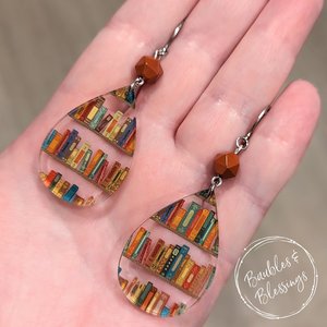 Acrylic Bookshelf Earrings with Faceted Red Jasper