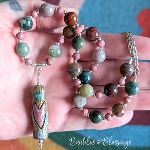Tree Branch Necklace with Fancy Jasper, Rhodonite & Fidget Pendant