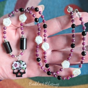 RESERVED for A: DISCOUNTED $75, Sugar Skull Necklace with Ruby, Onyx & Mother of Pearl Roses