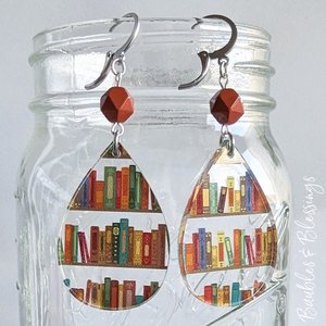 Acrylic Bookshelf Earrings with Faceted Red Jasper