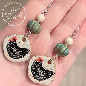 Chicken Earrings with Ceramic Beads & Riverstone