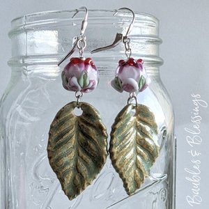 Lampwork Rose Earrings with Ceramic Leaf Charms