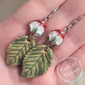 Lampwork Rose Earrings with Ceramic Leaf Charms