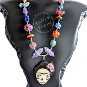 Frida Kahlo Necklace with Handmade Flowers & Ceramic Beads