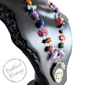 Frida Kahlo Necklace with Handmade Flowers & Ceramic Beads