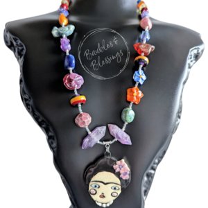 Frida Kahlo Necklace with Handmade Flowers & Ceramic Beads