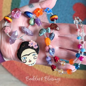 Frida Kahlo Necklace with Handmade Flowers & Ceramic Beads