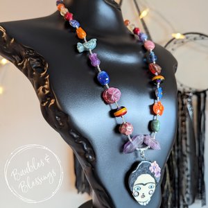 Frida Kahlo Necklace with Handmade Flowers & Ceramic Beads