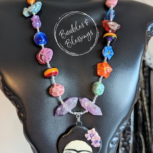 Frida Kahlo Necklace with Handmade Flowers & Ceramic Beads