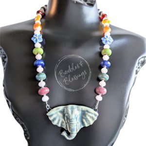 Ganesha Necklace with Handmade Beads & Rose Quartz