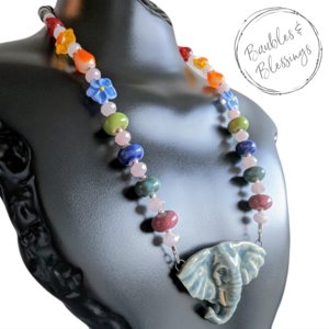 Ganesha Necklace with Handmade Beads & Rose Quartz