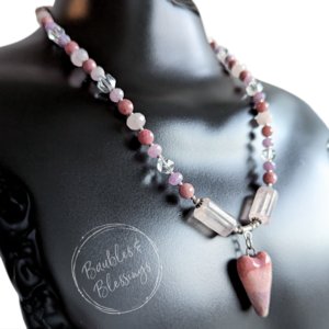 Heart Necklace with Rose Quartz, Rhodonite & Lepidolite