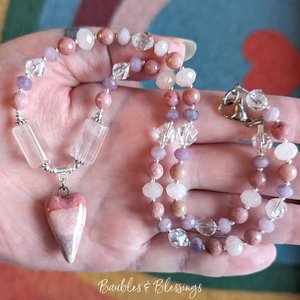 Heart Necklace with Rose Quartz, Rhodonite & Lepidolite