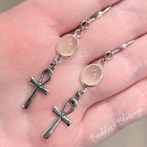 Rose Quartz & Sterling Silver Ankh Earrings