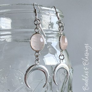 Rose Quartz & Sterling Silver Crescent Moon Earrings