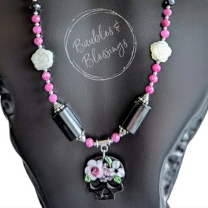 RESERVED for A: DISCOUNTED $75, Sugar Skull Necklace with Ruby, Onyx & Mother of Pearl Roses
