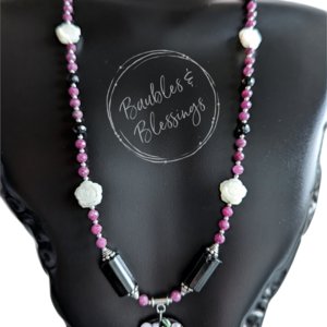 RESERVED for A: DISCOUNTED $75, Sugar Skull Necklace with Ruby, Onyx & Mother of Pearl Roses