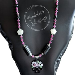 RESERVED for A: DISCOUNTED $75, Sugar Skull Necklace with Ruby, Onyx & Mother of Pearl Roses