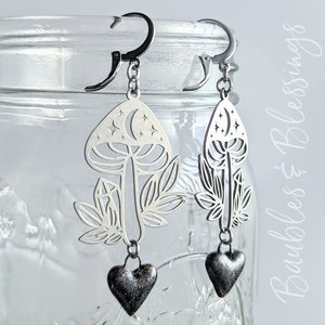 Witchy Mushroom Earrings with Sparkly Ceramic Hearts