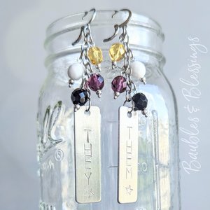 Hand-stamped Pronoun Earrings with Nonbinary Pride Colors