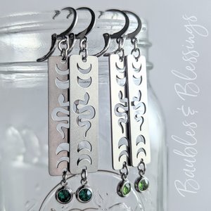 Moon Phase Earrings with Snakes & Green Crystals