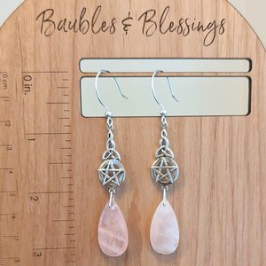 Silver Triquetra & Pentagram Earrings with Rose Quartz