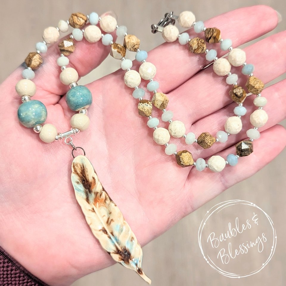 RESERVED for S: Feather Necklace w/ Picture Jasper & Riverstone